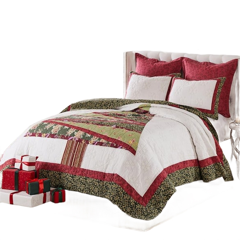 Benjara Kini 2pc Twin Quilt Set- Patchwork Christmas Theme- Cotton- Microfiber