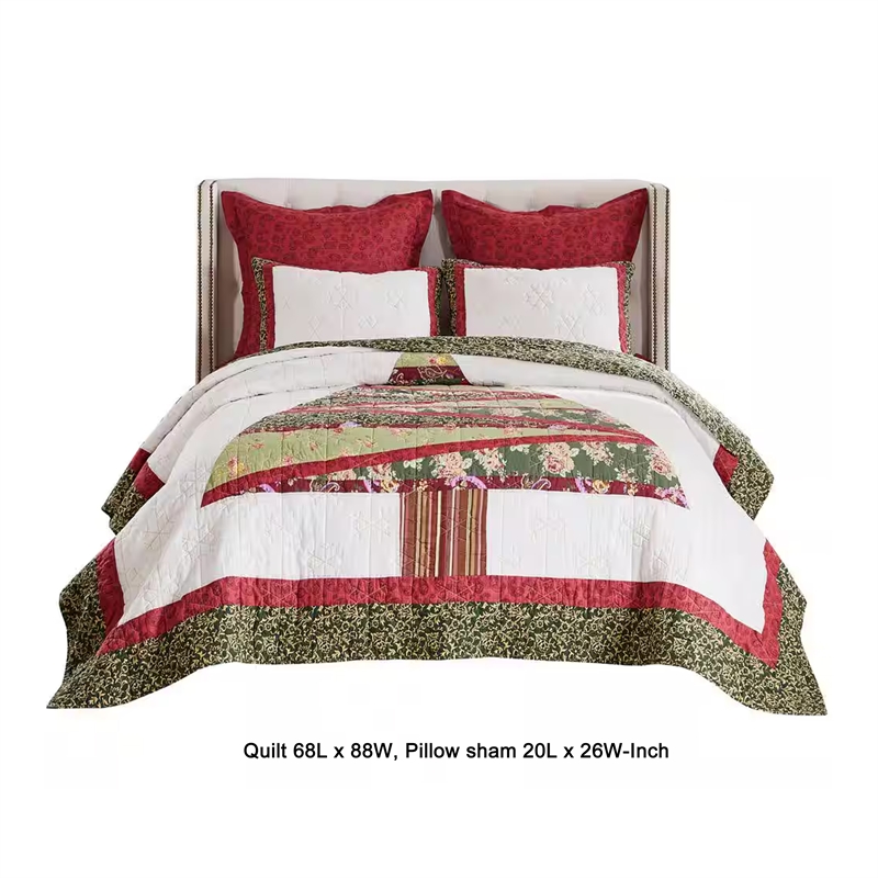 Benjara Kini 2pc Twin Quilt Set- Patchwork Christmas Theme- Cotton- Microfiber