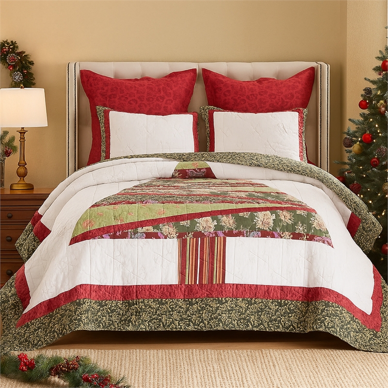 Benjara Kini 2pc Twin Quilt Set- Patchwork Christmas Theme- Cotton- Microfiber