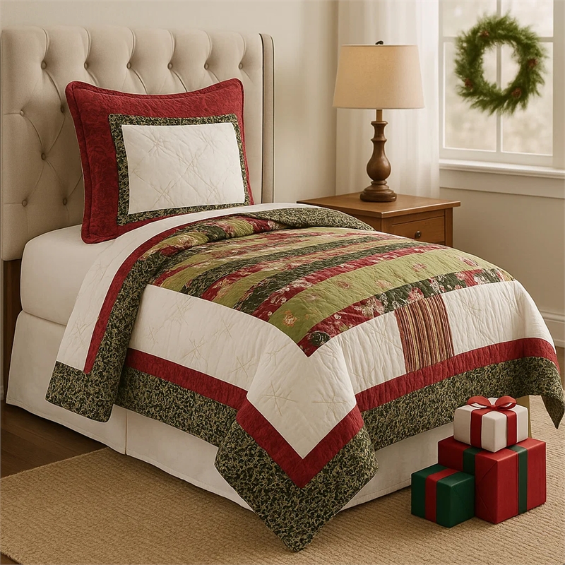 Benjara Kini 2pc Twin Quilt Set- Patchwork Christmas Theme- Cotton- Microfiber
