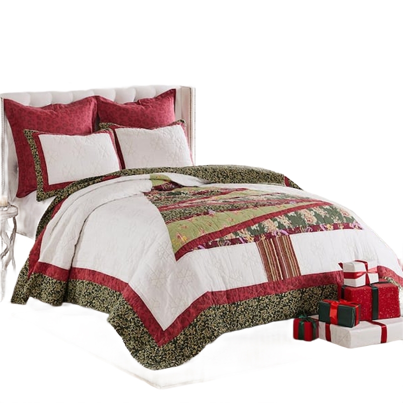 Benjara Kini 2pc Twin Quilt Set- Patchwork Christmas Theme- Cotton- Microfiber