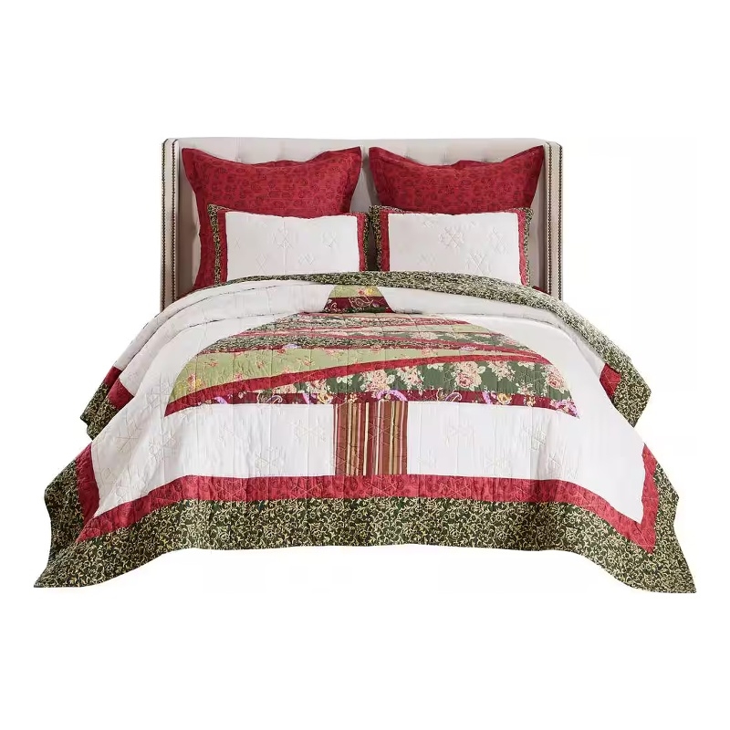 Benjara Kini 2pc Twin Quilt Set- Patchwork Christmas Theme- Cotton- Microfiber