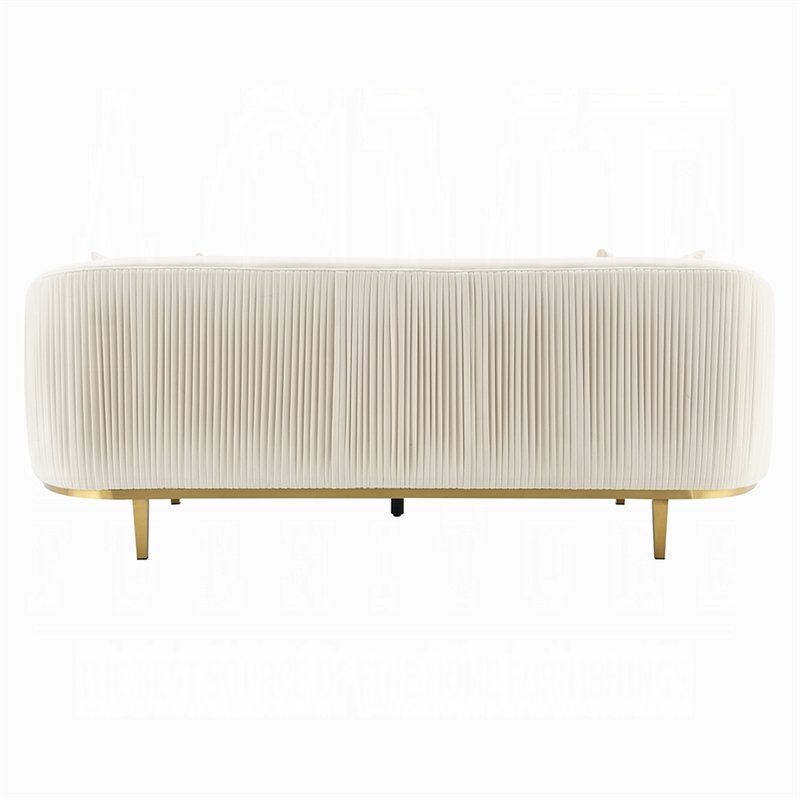 Benjara Artina Sofa- 2 Accent Throw Pillows- Ivory Velvet- Gold Metal- 89 Inch