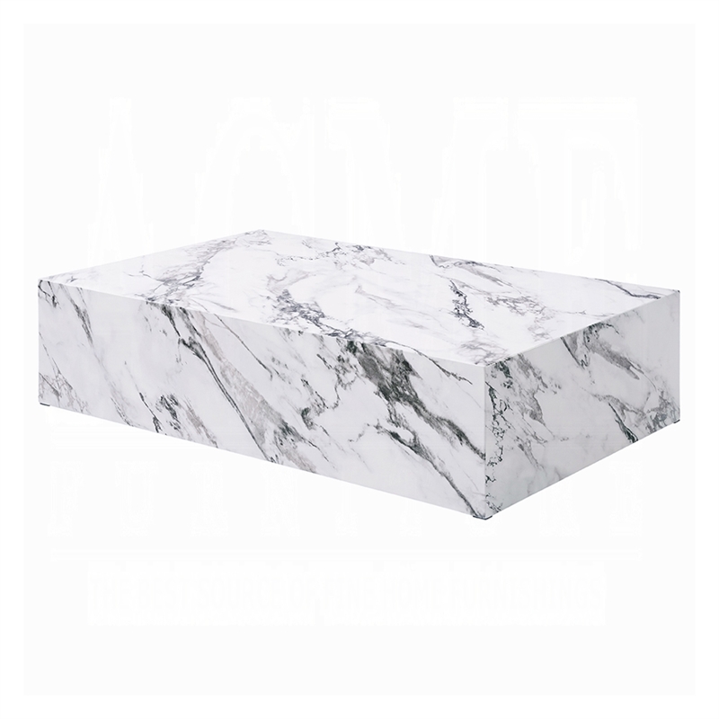 Benjara Ritzy Coffee Table- Modern Plinth- White Gray Faux Stone- 48 Inch