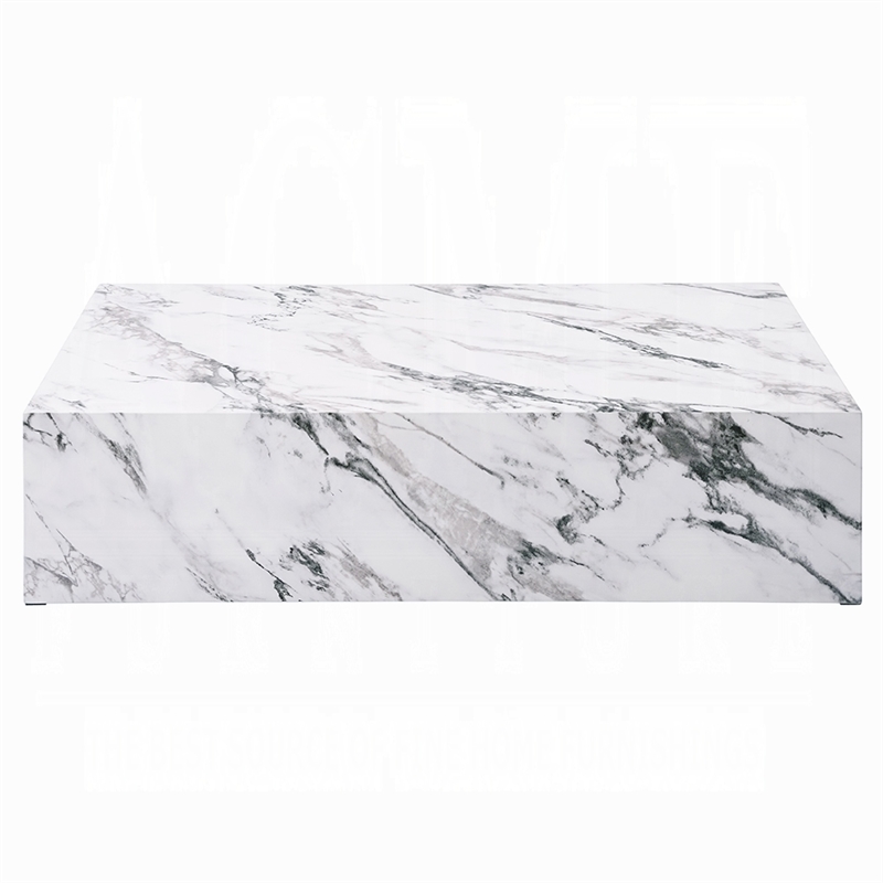 Benjara Ritzy Coffee Table- Modern Plinth- White Gray Faux Stone- 48 Inch
