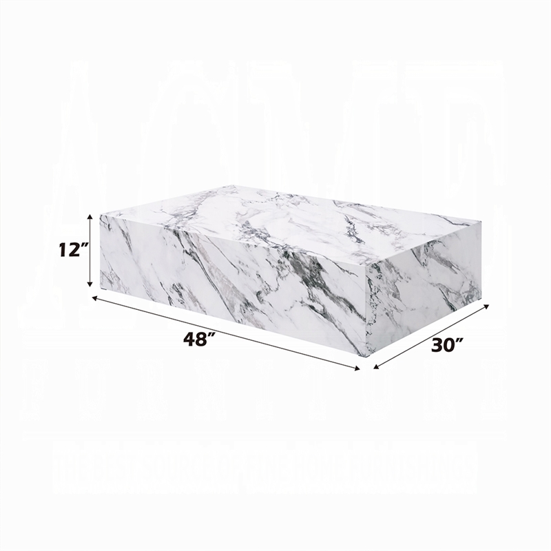Benjara Ritzy Coffee Table- Modern Plinth- White Gray Faux Stone- 48 Inch
