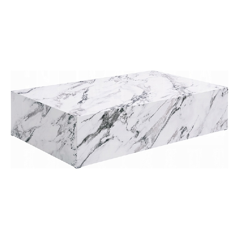 Benjara Ritzy Coffee Table- Modern Plinth- White Gray Faux Stone- 48 Inch