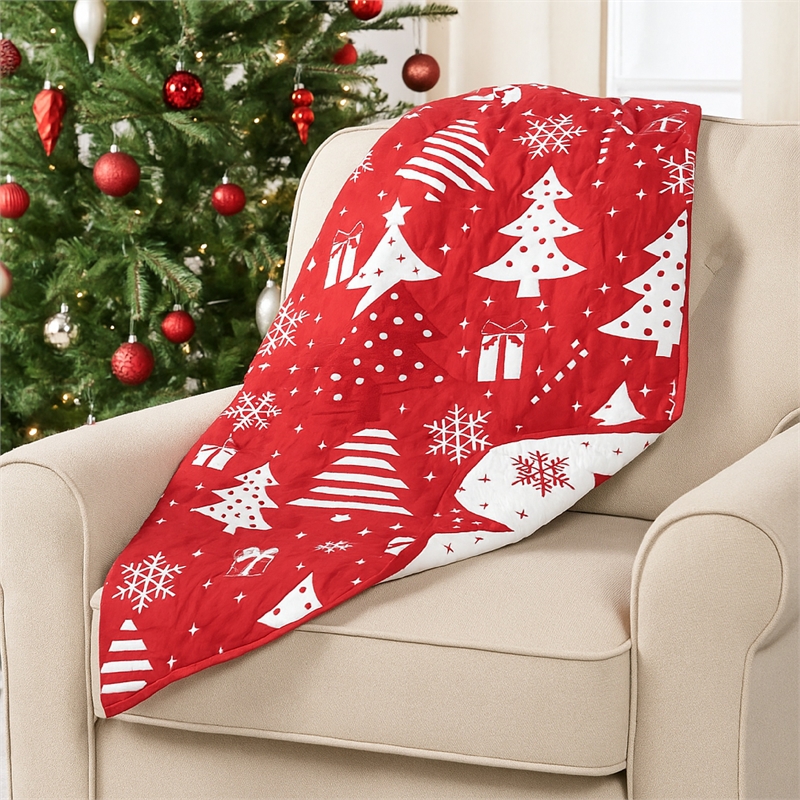 Benjara Daru Throw Blanket- 50x60- Christmas Theme- Red and White Polyester