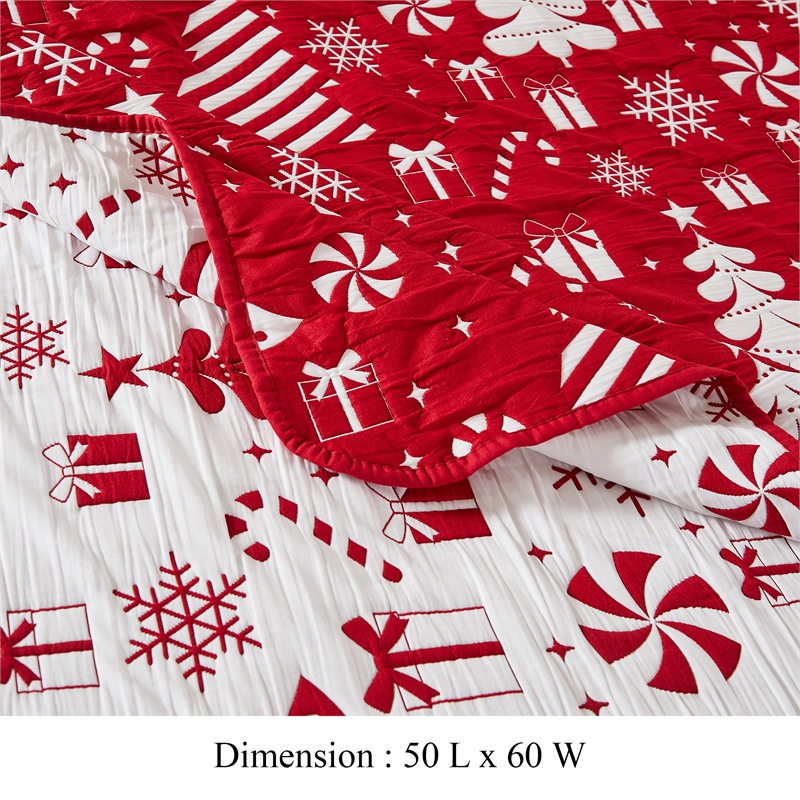 Benjara Daru Throw Blanket- 50x60- Christmas Theme- Red and White Polyester