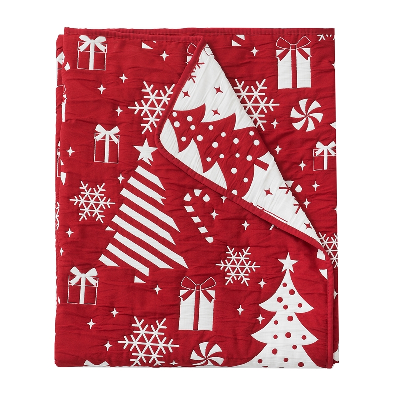 Benjara Daru Throw Blanket- 50x60- Christmas Theme- Red and White Polyester