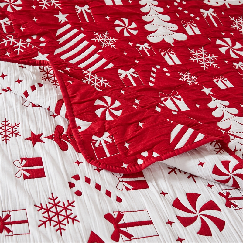 Benjara Daru Throw Blanket- 50x60- Christmas Theme- Red and White Polyester