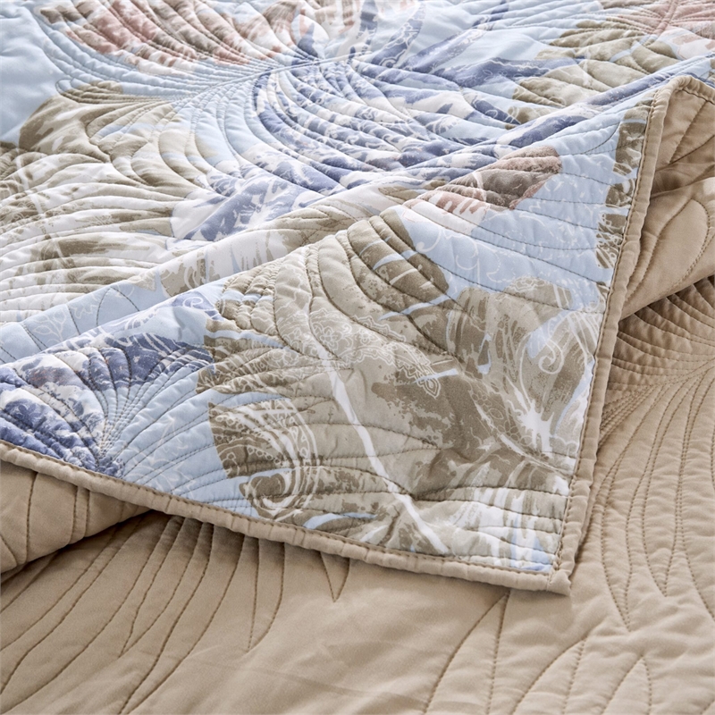 Benjara Heli 50x60 Quilted Throw Blanket- Blue Pink- Khaki Tropical Print