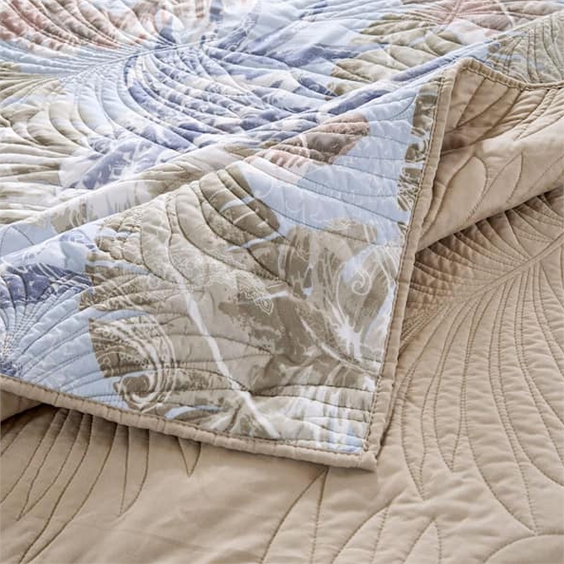 Benjara Heli 2pc Twin Size Quilt Set- Blue- Sandy Pink- Khaki Tropical Print