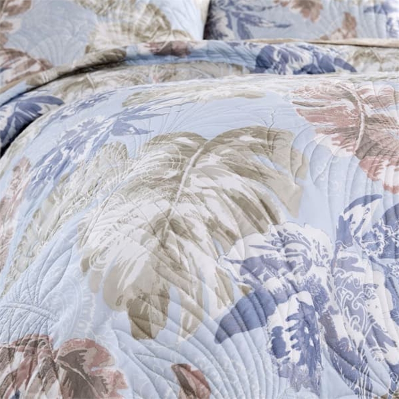 Benjara Heli 2pc Twin Size Quilt Set- Blue- Sandy Pink- Khaki Tropical Print