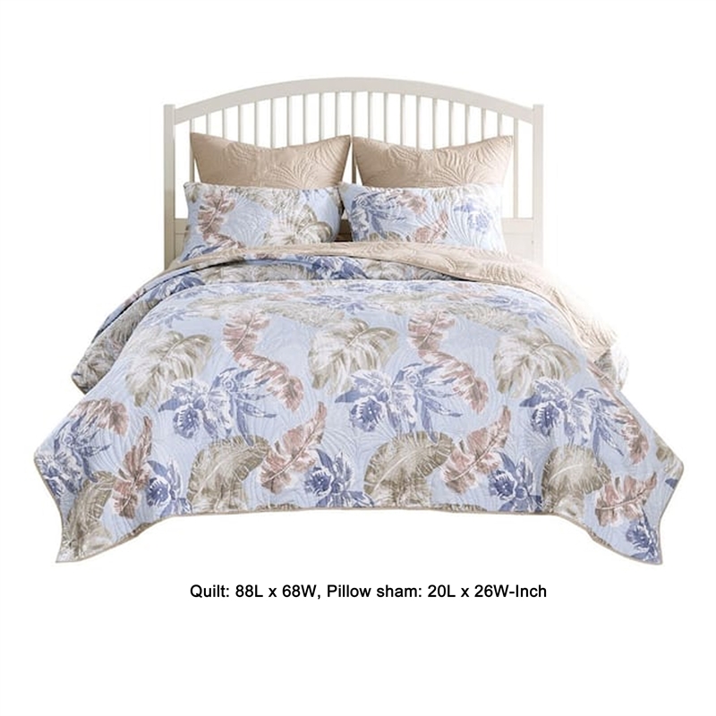 Benjara Heli 2pc Twin Size Quilt Set- Blue- Sandy Pink- Khaki Tropical Print