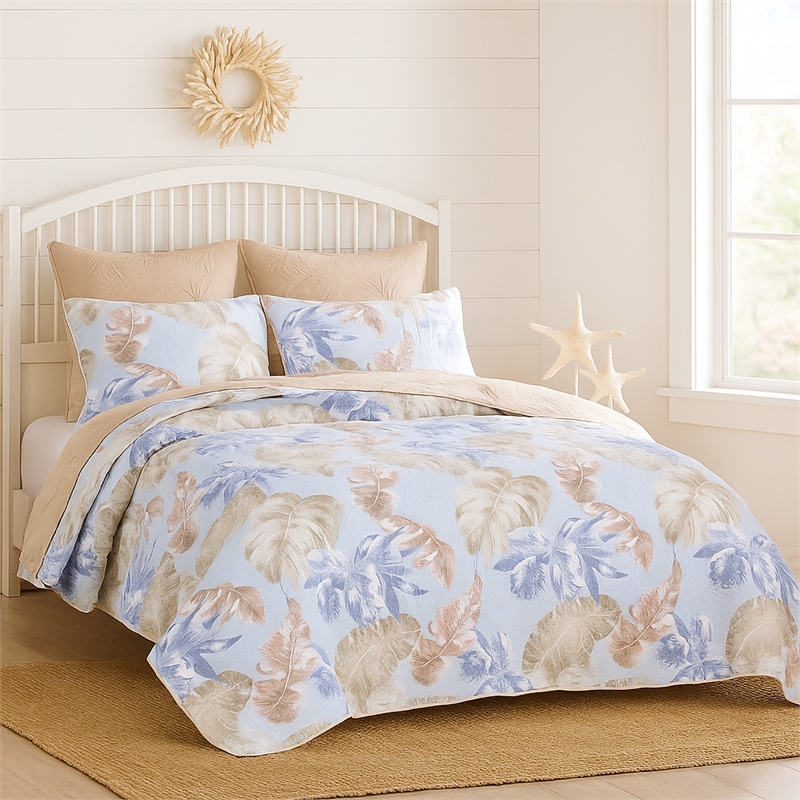 Benjara Heli 2pc Twin Size Quilt Set- Blue- Sandy Pink- Khaki Tropical Print