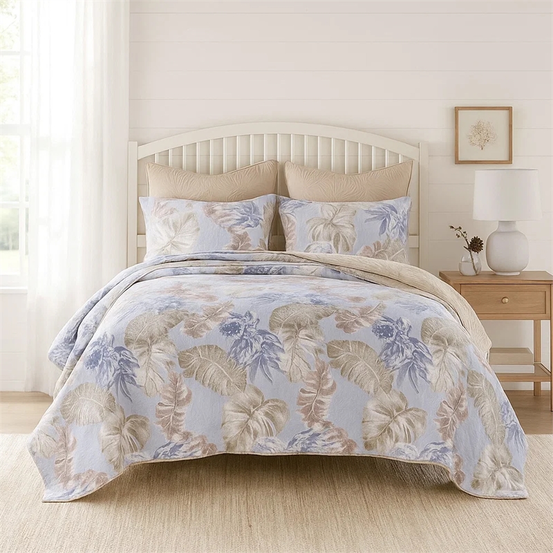 Benjara Heli 2pc Twin Size Quilt Set- Blue- Sandy Pink- Khaki Tropical Print