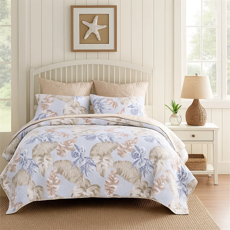 Benjara Heli 2pc Twin Size Quilt Set- Blue- Sandy Pink- Khaki Tropical Print