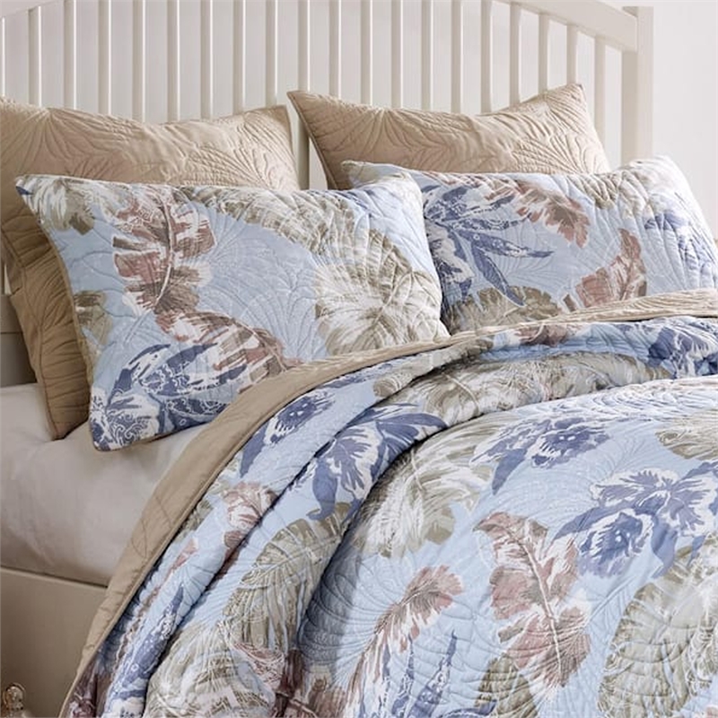 Benjara Heli 2pc Twin Size Quilt Set- Blue- Sandy Pink- Khaki Tropical Print