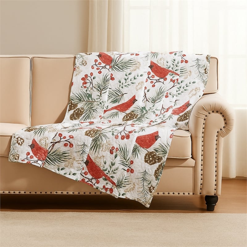 Benjara Coro Throw Blanket- 50x60 White- Red Christmas Cardinal- Polyester