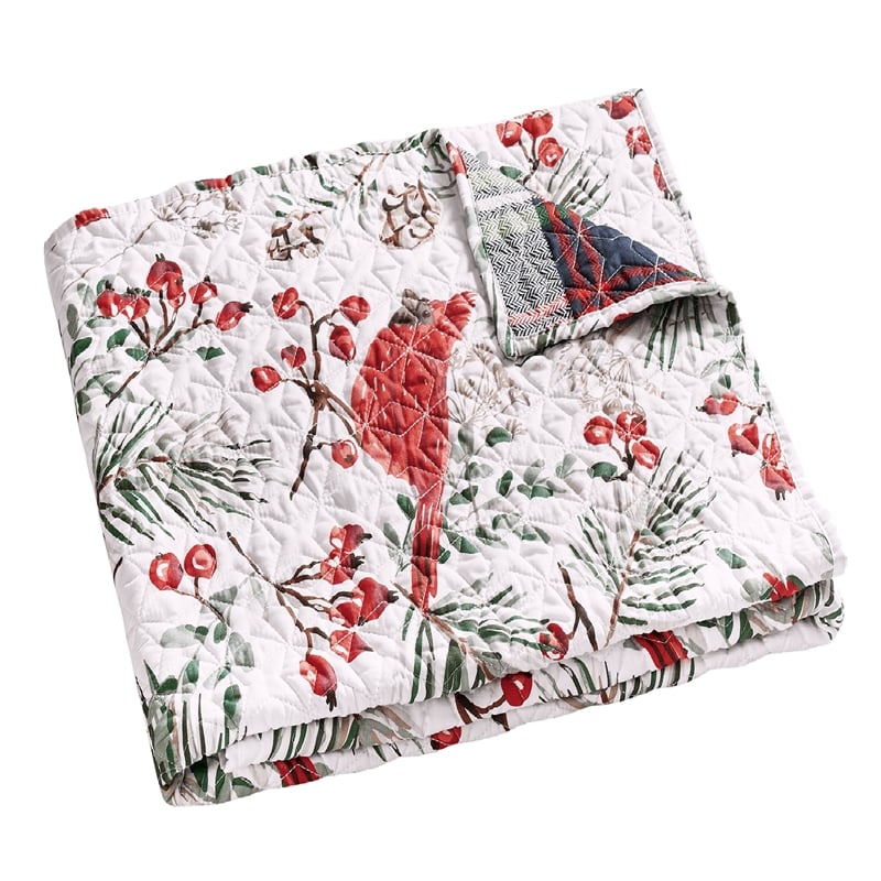 Benjara Coro Throw Blanket- 50x60 White- Red Christmas Cardinal- Polyester