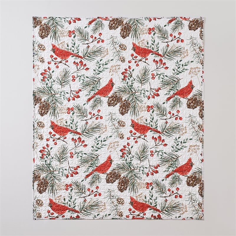 Benjara Coro Throw Blanket- 50x60 White- Red Christmas Cardinal- Polyester