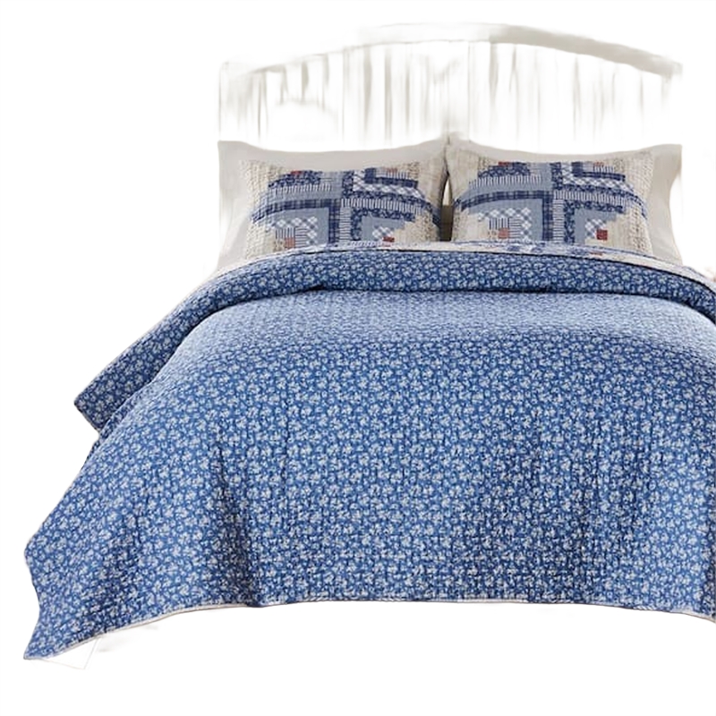 Benjara Binu 2pc Twin Size Quilt Set- Winter Log Cabin Blue White- Reversible