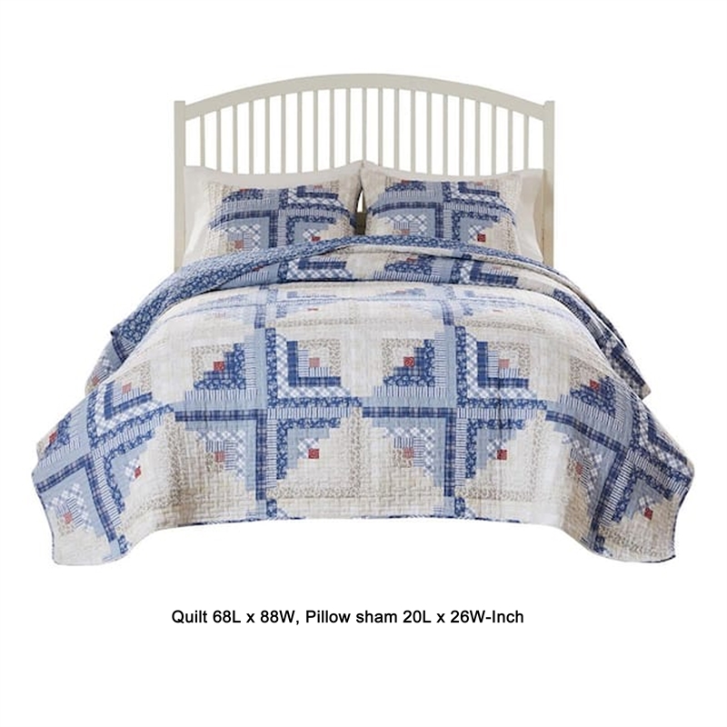 Benjara Binu 2pc Twin Size Quilt Set- Winter Log Cabin Blue White- Reversible