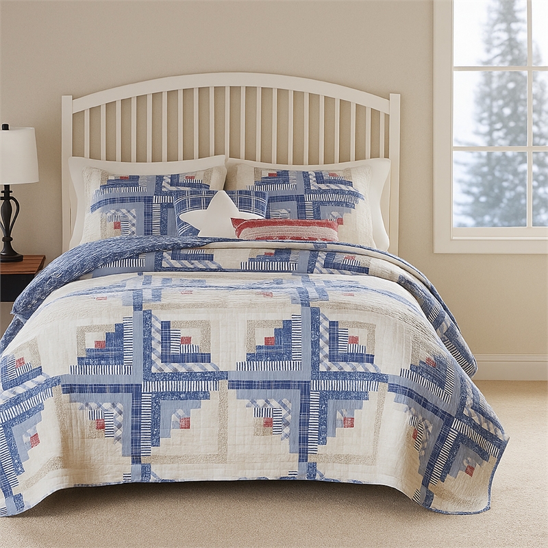 Benjara Binu 2pc Twin Size Quilt Set- Winter Log Cabin Blue White- Reversible