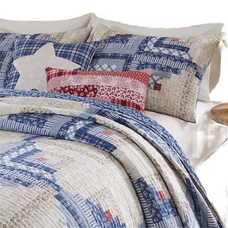 Benjara Binu 2pc Twin Size Quilt Set- Winter Log Cabin Blue White- Reversible