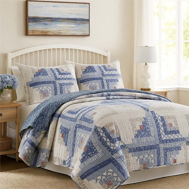 Benjara Binu 2pc Twin Size Quilt Set- Winter Log Cabin Blue White- Reversible