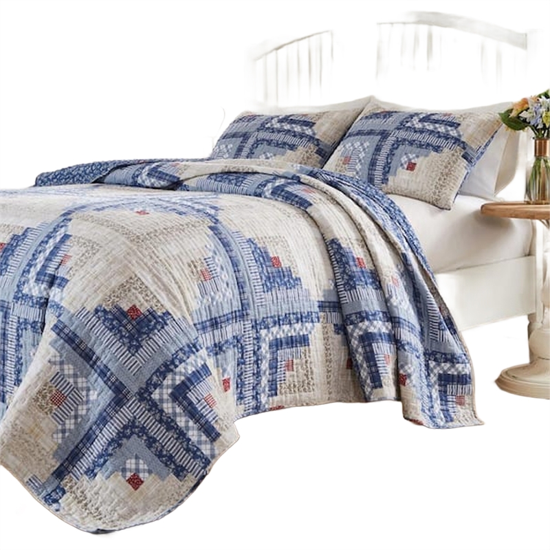 Benjara Binu 2pc Twin Size Quilt Set- Winter Log Cabin Blue White- Reversible