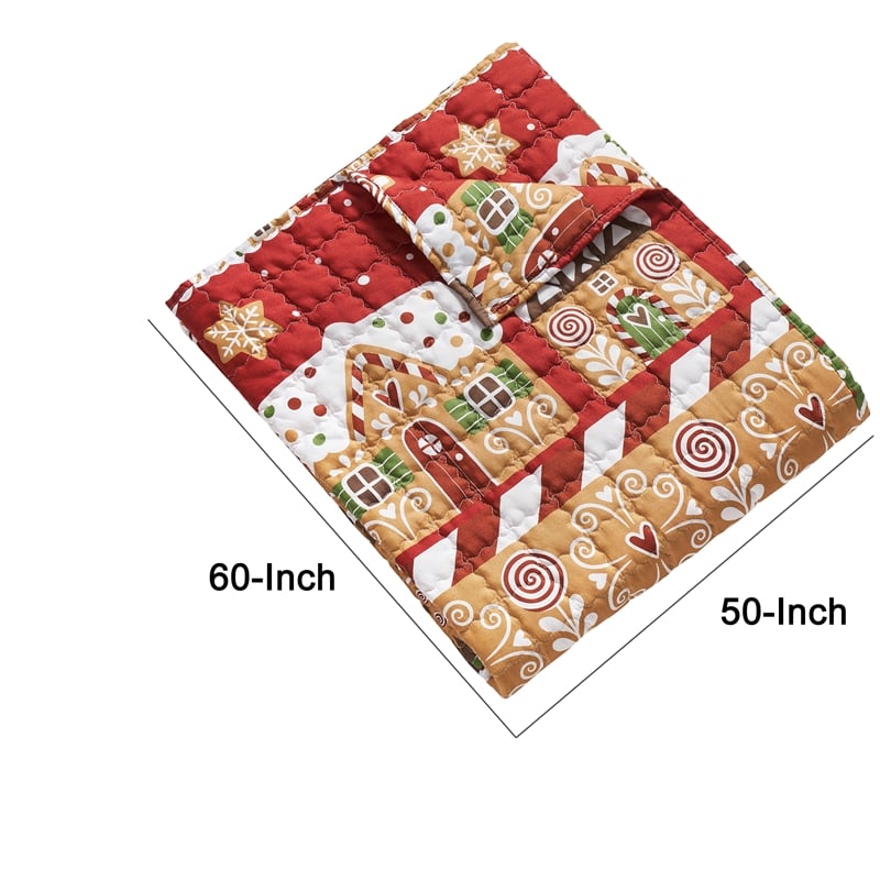 Benjara Redu Throw Blanket- 50x60- Holiday Theme Red Gingerbread Microfiber
