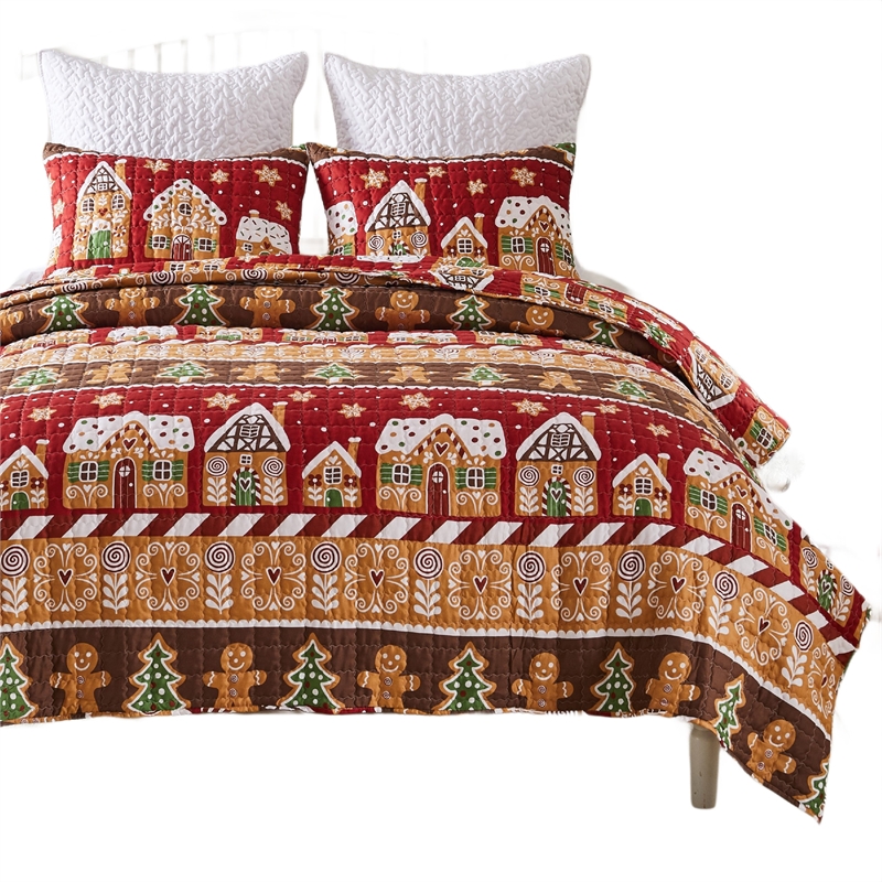 Benjara Redu 2pc Twin Size Quilt Set- Holiday Theme Gingerbread Microfiber