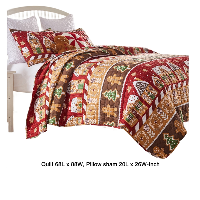 Benjara Redu 2pc Twin Size Quilt Set- Holiday Theme Gingerbread Microfiber