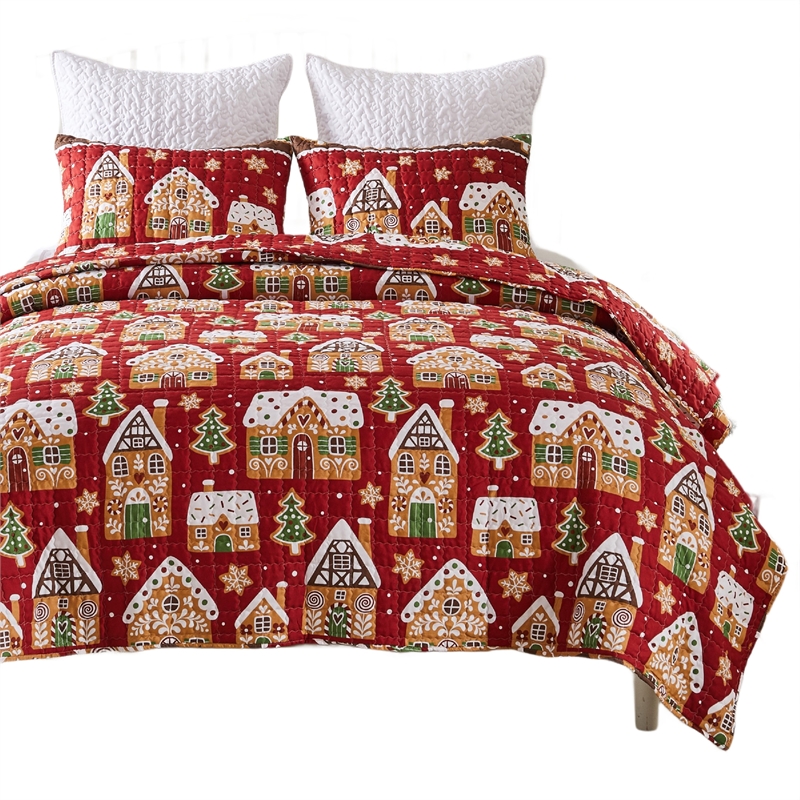 Benjara Redu 2pc Twin Size Quilt Set- Holiday Theme Gingerbread Microfiber