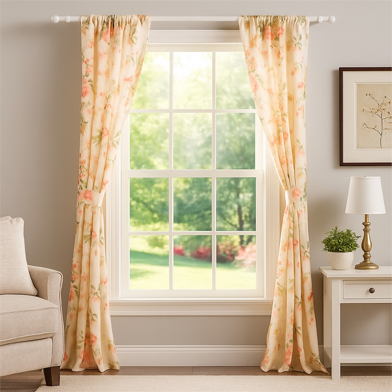 Benjara Givi 2 Panel Curtain Set- Microfiber- Orange and White Floral Pattern