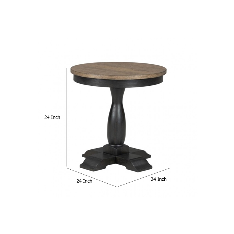 Benjara Ginie Round End Table- Rustic Black Brown Solid Rubberwood- 24 Inch