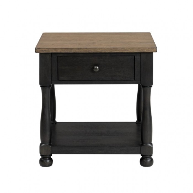 Benjara Ginie Chairside End Table- 1 Drawer- Black Brown Solid Wood- 24 Inch