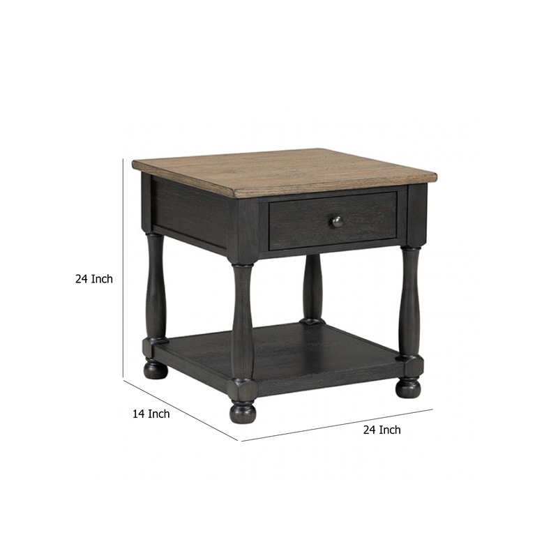 Benjara Ginie Chairside End Table- 1 Drawer- Black Brown Solid Wood- 24 Inch
