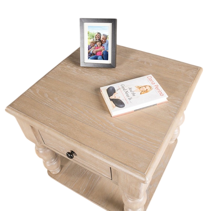 Benjara Cherie Square End Table- 1 Drawer- Shelf- Light White Wash- 24 Inch