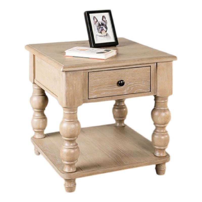 Benjara Cherie Square End Table- 1 Drawer- Shelf- Light White Wash- 24 Inch