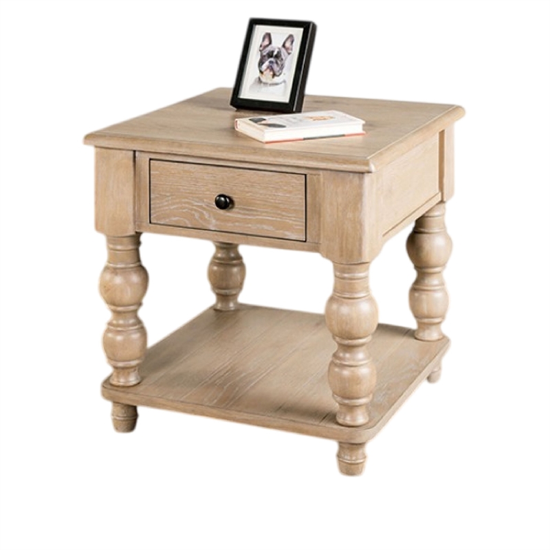 Benjara Cherie Square End Table- 1 Drawer- Shelf- Light White Wash- 24 Inch