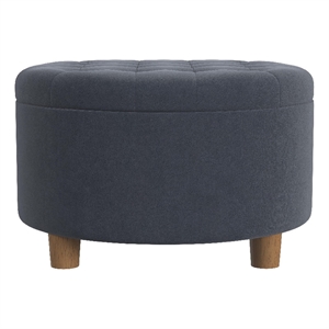 Benjara Jo Storage Ottoman- 28&quot Round Tufted Lift Top- Steel Blue Velvet