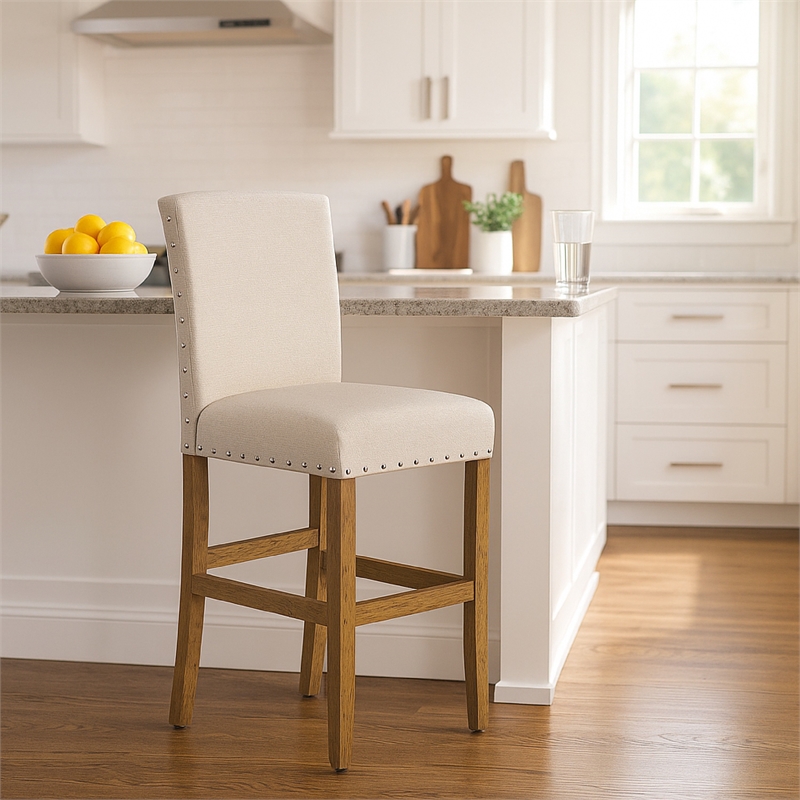 Benjara Siem Counter Stool Chair- Brown Beige Polyester Seat- Nailhead Trim