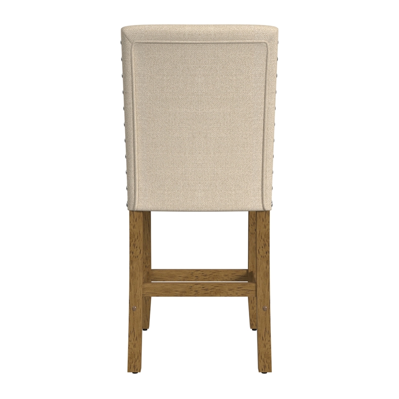 Benjara Siem Counter Stool Chair- Brown Beige Polyester Seat- Nailhead Trim