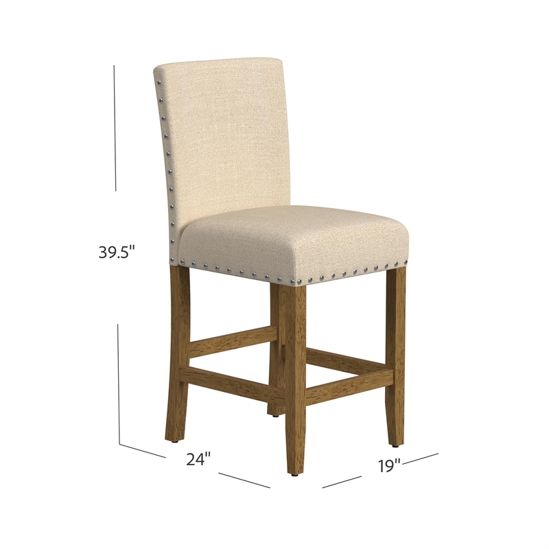 Benjara Siem Counter Stool Chair- Brown Beige Polyester Seat- Nailhead Trim