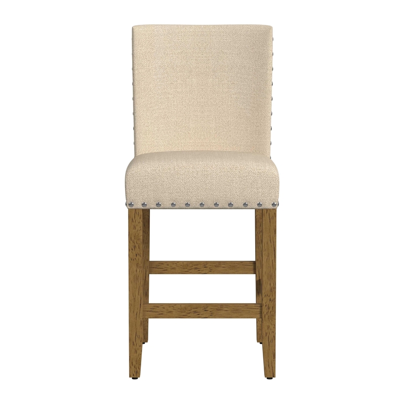 Benjara Siem Counter Stool Chair- Brown Beige Polyester Seat- Nailhead Trim