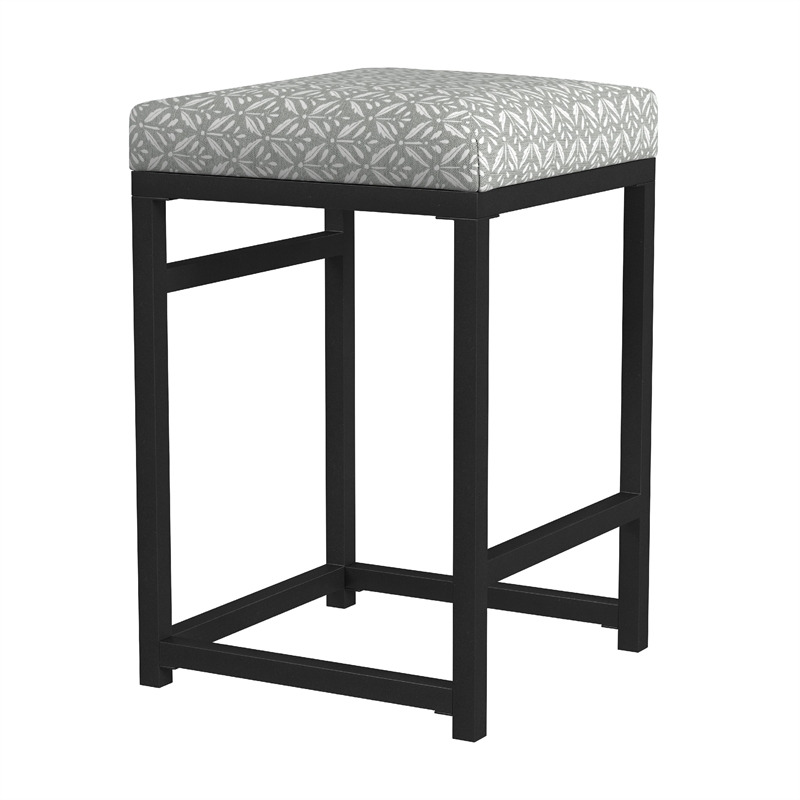 Benjara Toko Backless Counter Stool- Floral Gray Polyester- Black Metal