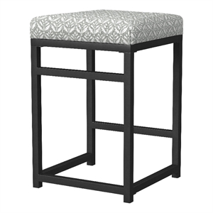 Benjara Toko Backless Counter Stool- Floral Gray Polyester- Black Metal